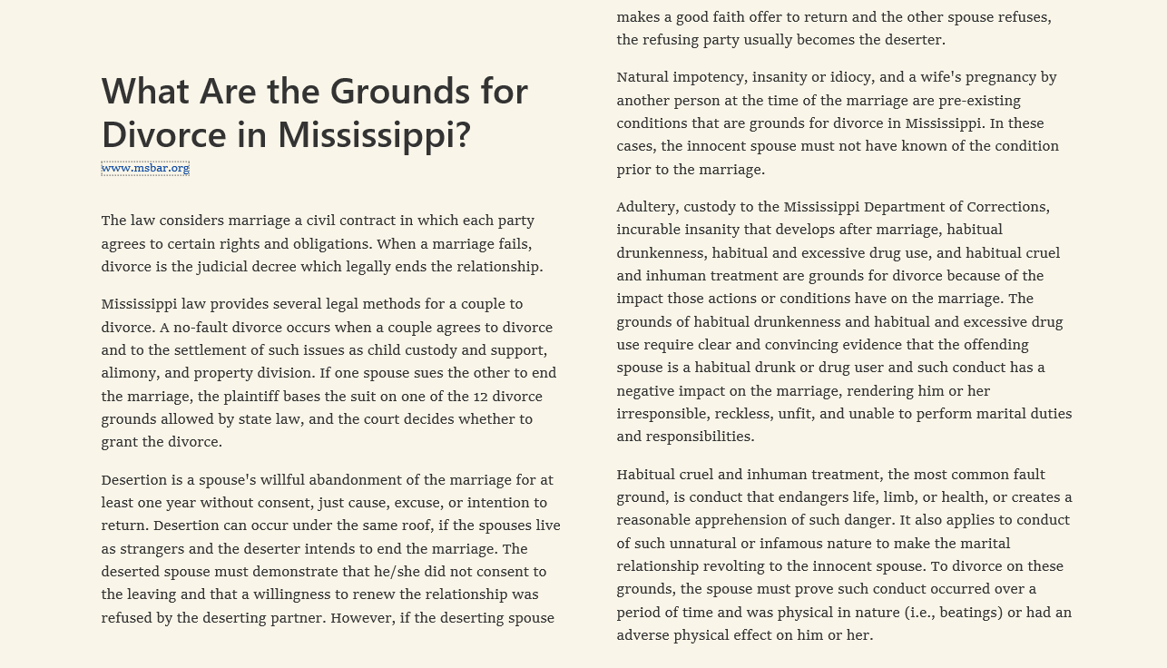What Are the Grounds for Divorce in Mississippi?